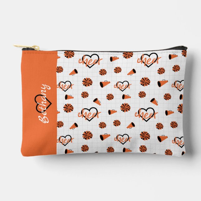 Orange Cheer Hearts, Pom Poms, Megaphone Pattern Accessory Pouch (Front)