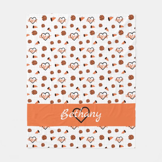 Orange Cheer Hearts, Pom Poms, Megaphone Pattern Fleece Blanket (Front)