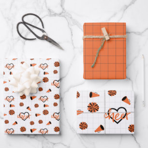 Orange Cheer Hearts, Pom Poms, Megaphone Pattern Wrapping Paper Sheet