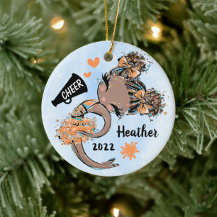 Orange Cheerleader Girl Ornament Dark Skin &  Hair