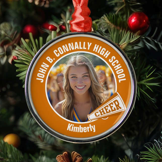 Orange Cheerleader Photo High School Christmas Metal Ornament (Creator Uploaded)