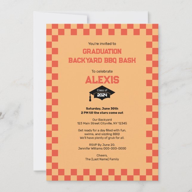 Orange Chequerboard Backyard Graduation Party  Invitation (Front)