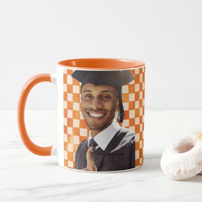 Orange Chequered Custom Portrait Men Graduation Mug (With Donut)