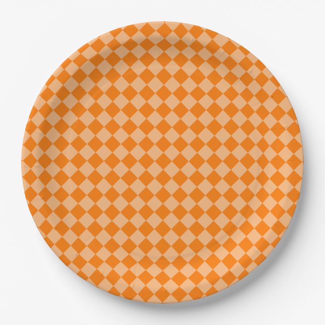 Orange Chequered Diamond Pattern Paper Plate (Front)