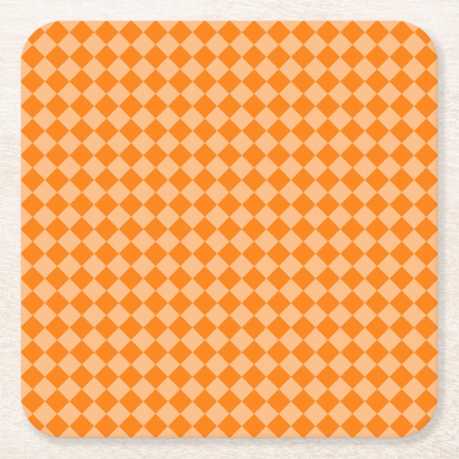 Orange Chequered Diamond Pattern Square Paper Coaster (Front)