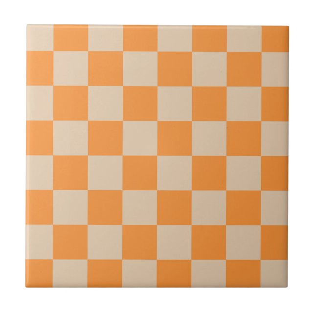 Orange Chequered Gingham Pattern Ceramic Tile (Front)