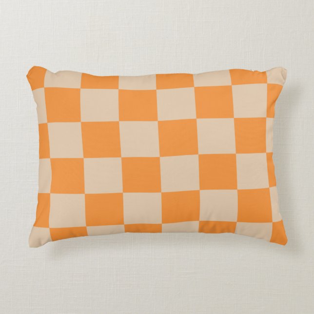 Orange Chequered Gingham Pattern Decorative Cushion (Front)