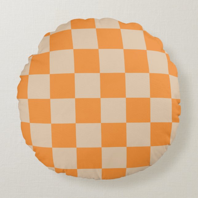 Orange Chequered Gingham Pattern Round Cushion (Front)