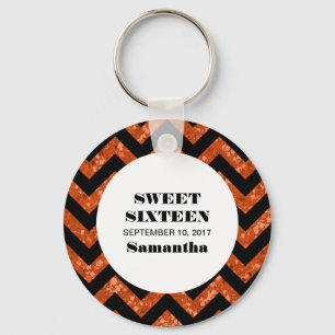 Orange Chevron Glitter Sweet 16 Keychain