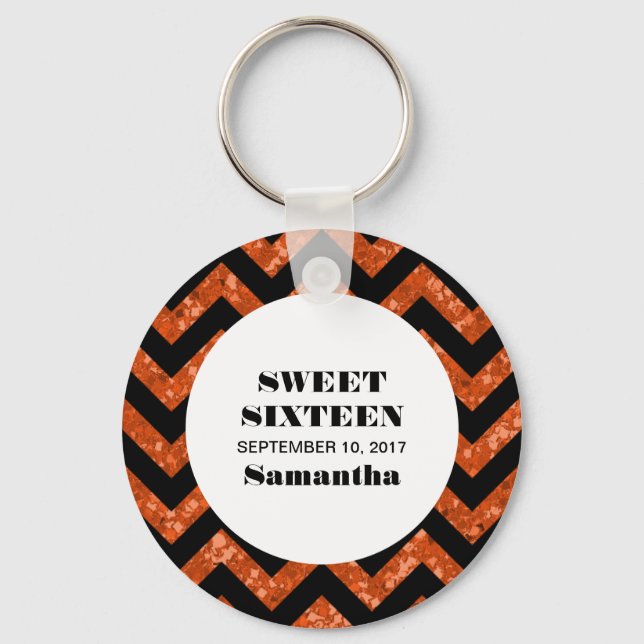 Orange Chevron Glitter Sweet 16 Keychain (Front)