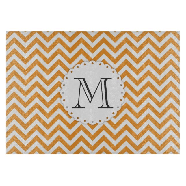 Orange Chevron Monogram Cutting Board (Front)