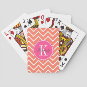 Orange Chevron with Pink Monogram Playing Cards