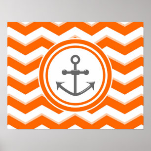 Orange Chevron Zigzag Pattern Anchor Smile Poster