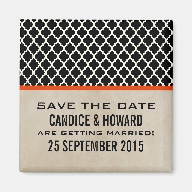 Orange Chic Quatrefoil Save the Date Magnet (Front)