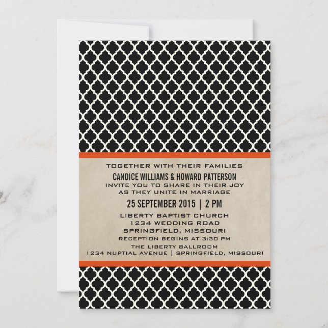 Orange Chic Quatrefoil Wedding Invite (Front)