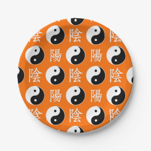 Orange Chinese Yin Yang Pattern Paper Plate