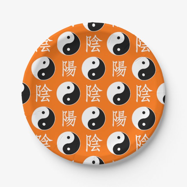 Orange Chinese Yin Yang Pattern Paper Plate (Front)