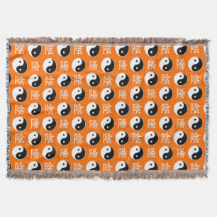 Orange Chinese Yin Yang Pattern Throw Blanket