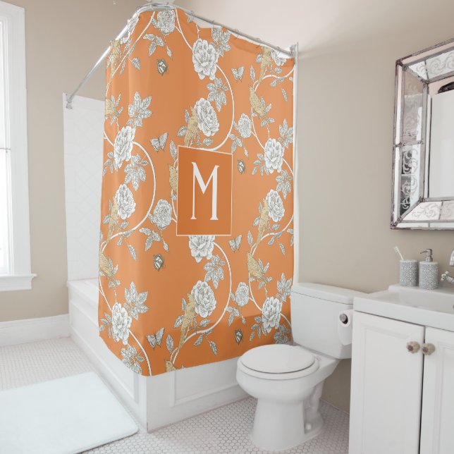 Orange Chinoiserie Floral Monogram Shower Curtain (In Situ)