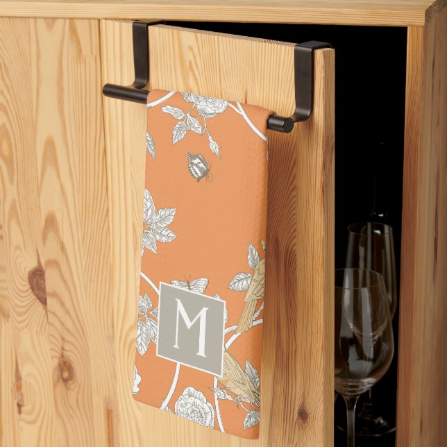 Orange Chinoiserie Floral Monogram Tea Towel (Thirds Fold)