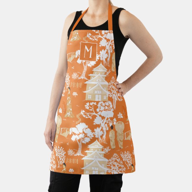 Orange Chinoiserie Pagodas Monogram Apron (Insitu)