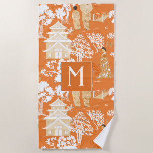 Orange Chinoiserie Pagodas Monogram Beach Towel