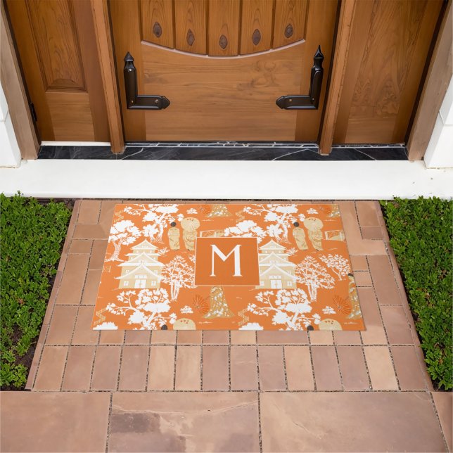 Orange Chinoiserie Pagodas Monogram Doormat (Outdoor)