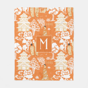 Orange Chinoiserie Pagodas Monogram Fleece Blanket