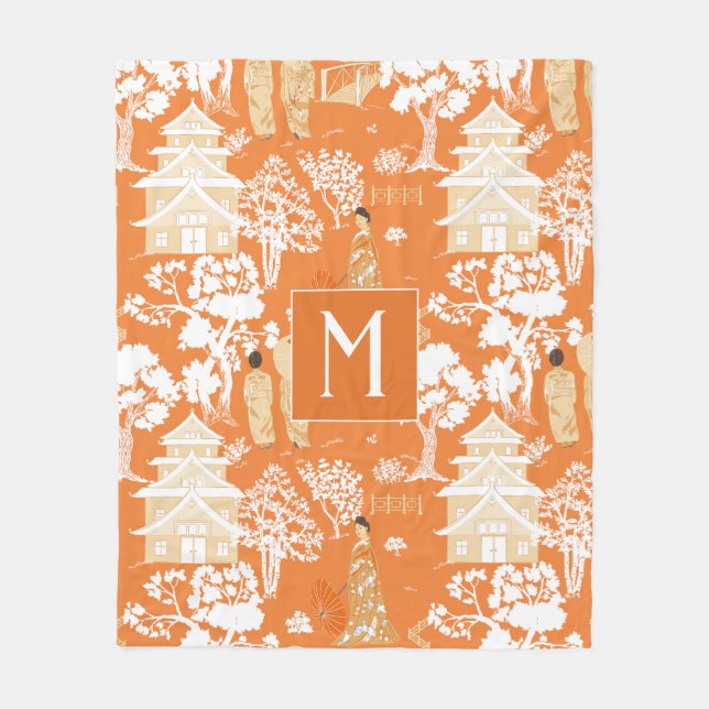Orange Chinoiserie Pagodas Monogram Fleece Blanket (Front)