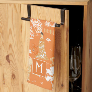 Orange Chinoiserie Pagodas Monogram Tea Towel