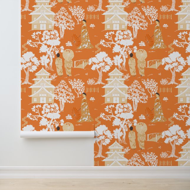 Orange Chinoiserie Pattern Wallpaper (Application)