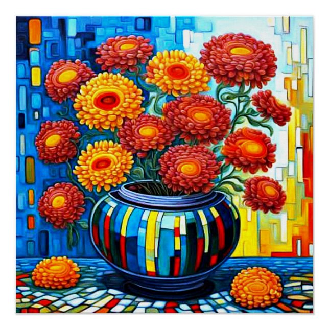 Orange Chrysanthemums in vase Poster (Front)