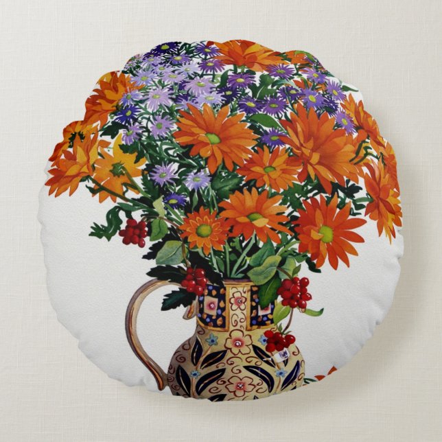 Orange Chrysanthemums Round Cushion (Front)