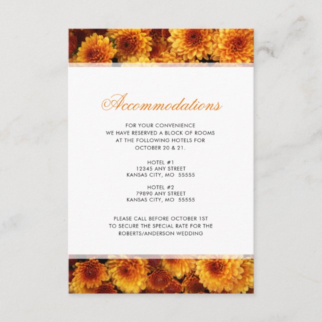 Orange Chrysanthemums Wedding Accommodations Enclosure Card (Front)