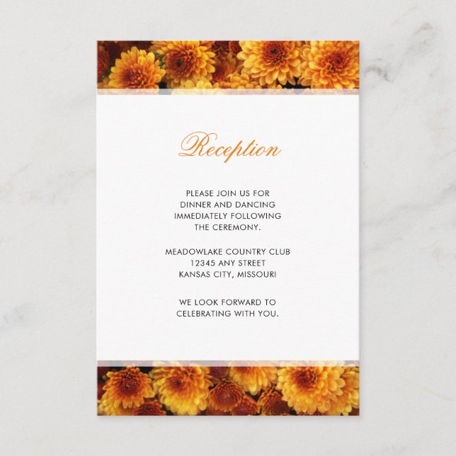 Orange Chrysanthemums Wedding Reception Enclosure Card (Front)