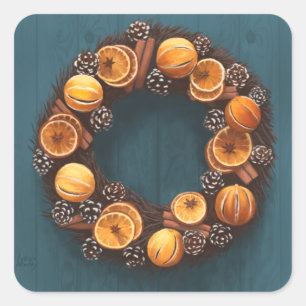 Orange, Cinnamon, Pine Cone, Anise Wreath Painting Square Sticker