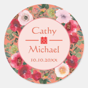 Orange circle floral wreath modern Chinese wedding Classic Round Sticker