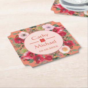 Orange circle floral wreath modern Chinese wedding Paper Coaster