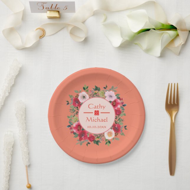 Orange circle floral wreath modern Chinese wedding Paper Plate (Wedding)