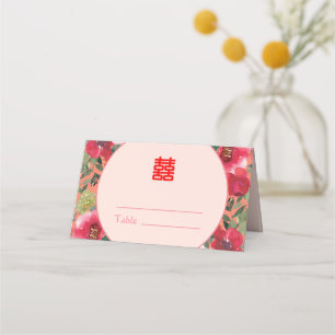 Orange circle floral wreath modern Chinese wedding Place Card