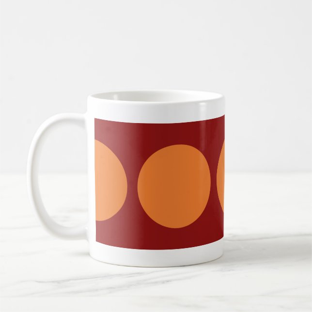 Orange Circles on Red Coffee Mug (Left)