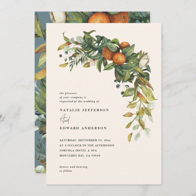 Orange citrus blue watercolor botanical wedding (Front/Back)