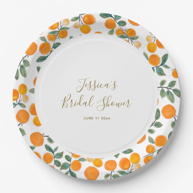 Orange Citrus Border Script Name Bridal Shower Paper Plate (Front)