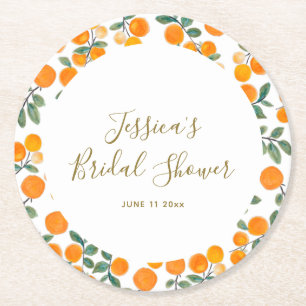 Orange Citrus Border Script Name Bridal Shower Round Paper Coaster