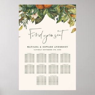 Orange citrus botanica floral wedding seating plan poster