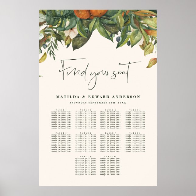 Orange citrus botanica floral wedding seating plan poster (Front)