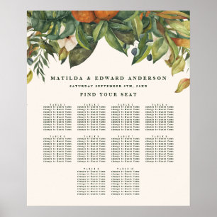Orange citrus botanica floral wedding seating plan poster