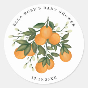 Orange Citrus Botanical Greenery Baby Shower Favou Classic Round Sticker