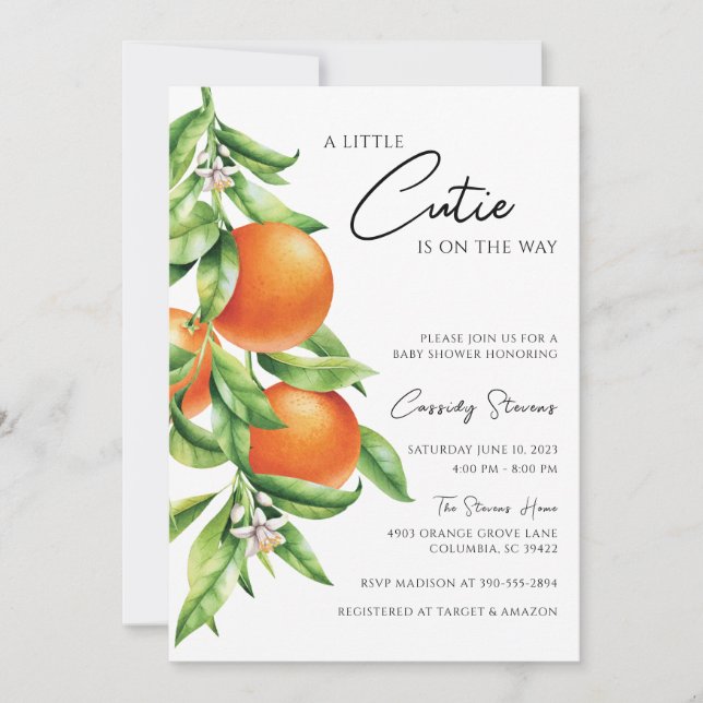 Orange Citrus Cutie on the Way Baby Shower Invitation (Front)