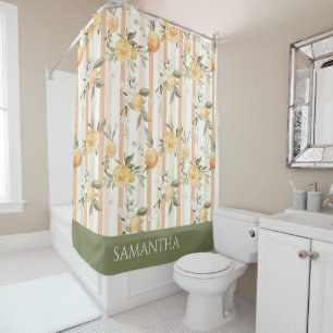 Orange Citrus Floral Peach Stripe Name Shower Curtain